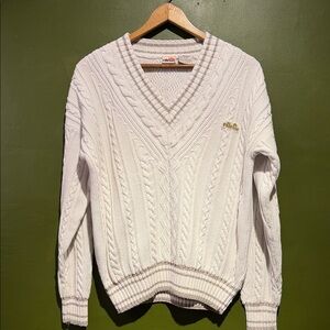 Vintage Ellesse Women's Cream V-Neck Cable Knit Sweater
